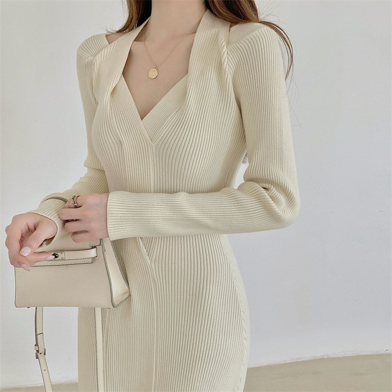 V-Neck Knitted Mid-Length Dress – Slim-Fit Over-Knee Split Design