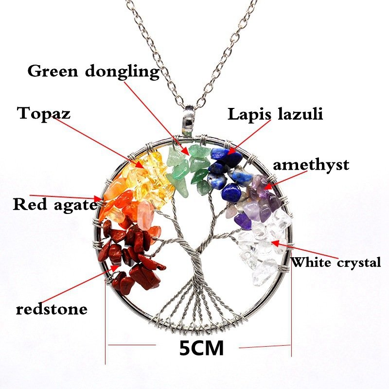 Natural Gravel Crystal Tree of Life Pendant Necklace & Volcanic Stone Yoga Bracelet