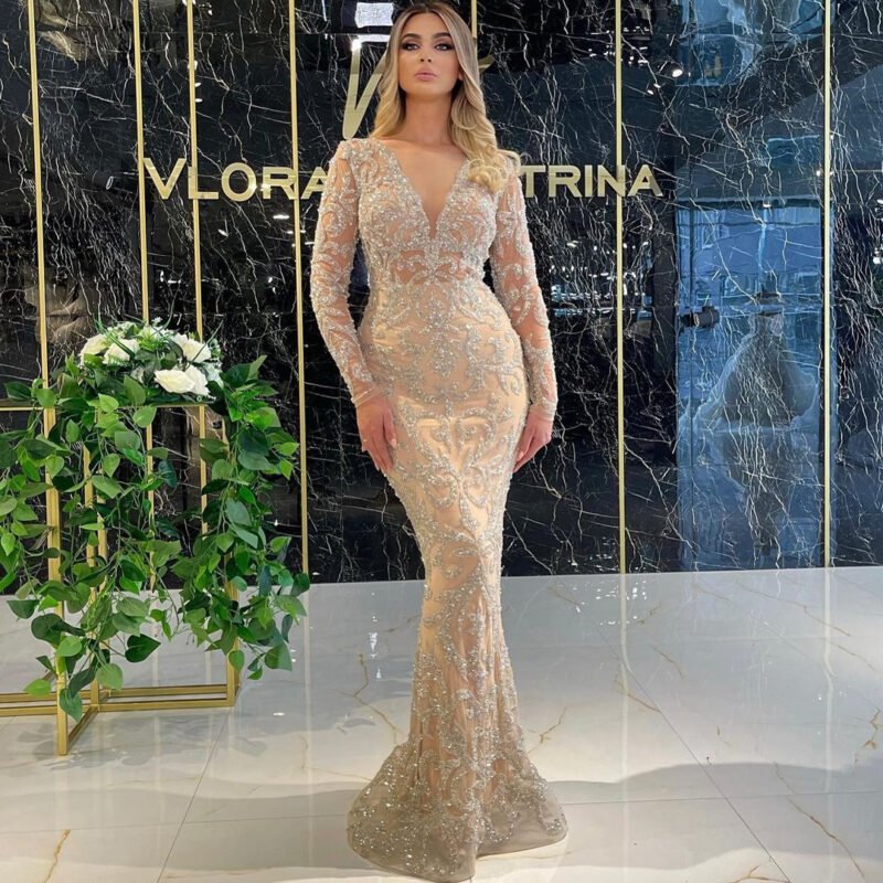 Bronzing Long Sleeve Slim-Fit Sexy Evening Dress - Elegant & Stylish Long Dress for Women