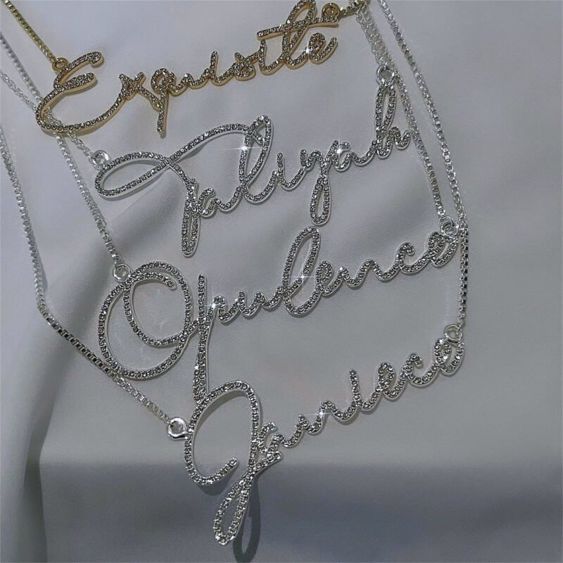 Personalized Diamond Name Necklace | Stainless Steel Crystal Handwritten Name Necklace