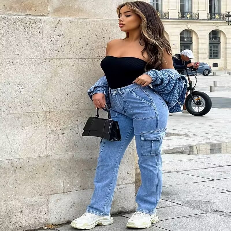 Cargo Jeans for Women – Multi-Pocket Wide-Leg Casual Pants for Spring & Autumn
