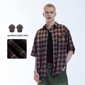 Contrast Color Gradient Plaid Shirt – Trendy Short Sleeve Plaid Shirt for Men