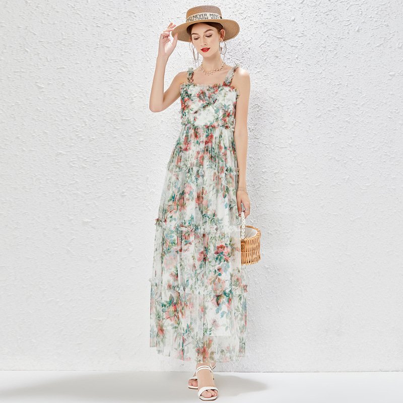 Elegant French Floral Mesh Skirt – Gentle Temperament Suspender Dress