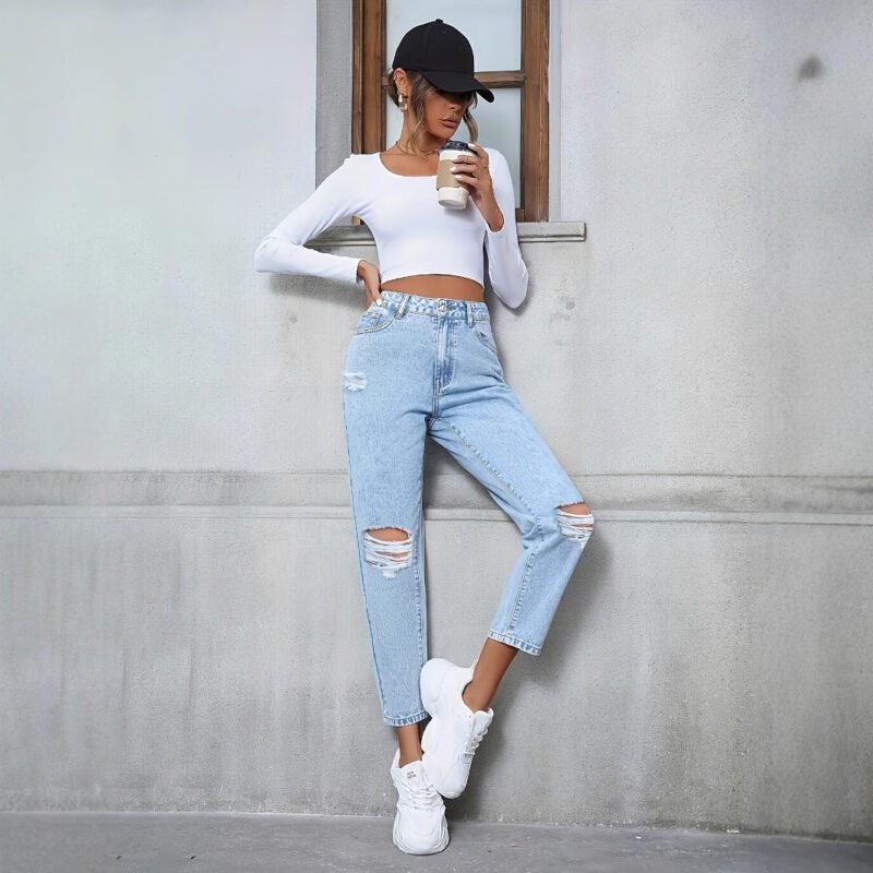 Loose Straight Denim Trousers straight Ripped – Trendy & Comfortable Fit