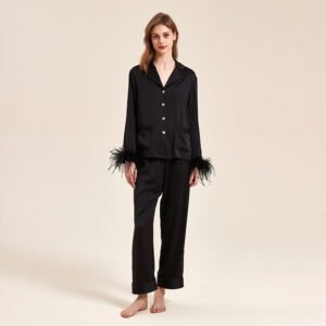 Removable Feather Ice Silk Pajamas for Women - Luxurious Ostrich Feather Loungewear Set