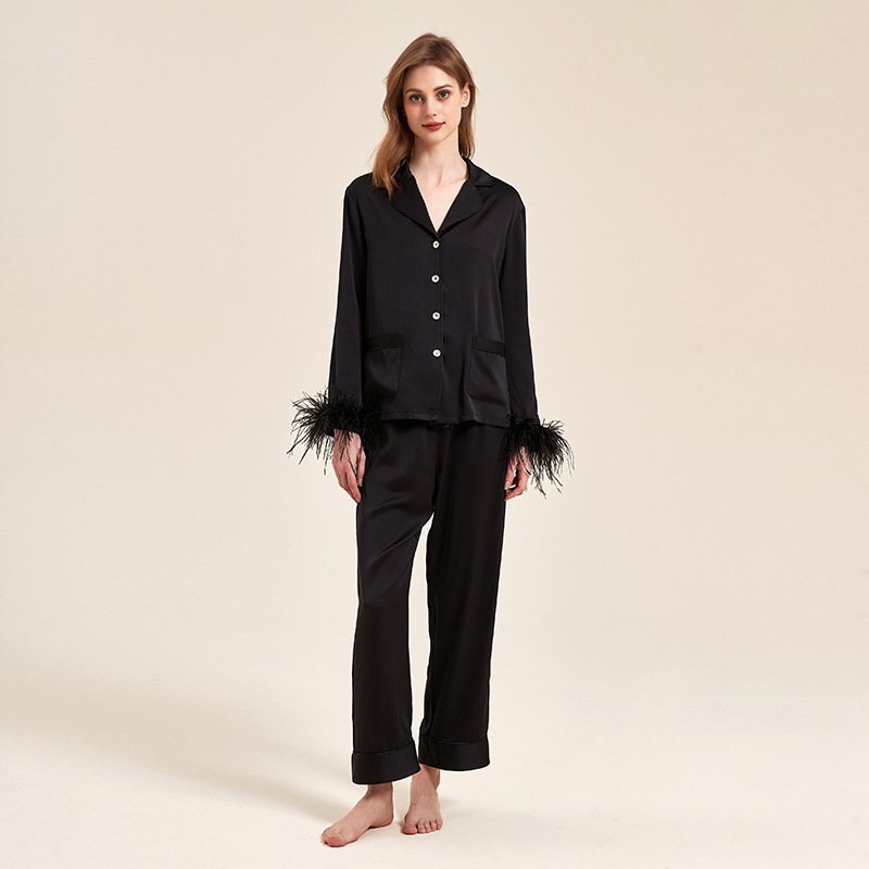 Removable Feather Ice Silk Pajamas for Women - Luxurious Ostrich Feather Loungewear Set