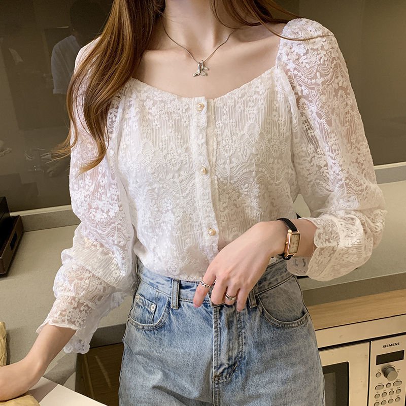 Western-Style Cardigan with Lace Hollow Design - Loose Long-Sleeved Top for Women