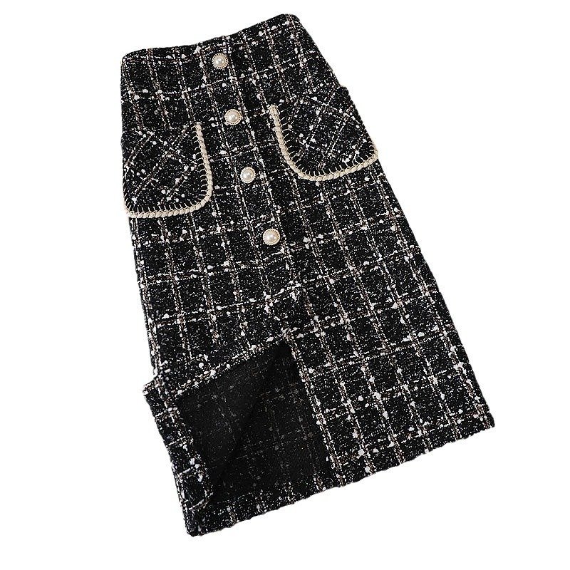Mid-length A-Line High Waist Slimming Woolen Plaid Skirt – Stylish and Elegant Women's Skirt