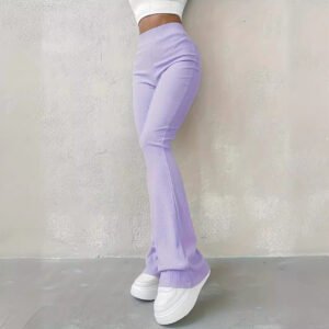 Casual Ribbed Slim Fit Leggings – Solid Color High-Waist Fashion Trousers