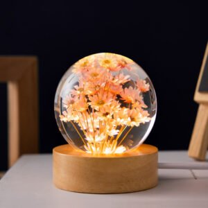 Luminous 3D Dandelion Crystal Ball with Beech Wood Stand – Preserved Flower Sphere Desktop Ornament, Birthday & Christmas Gifts
