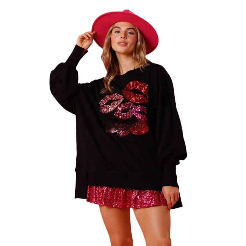 Women's Valentine's Day Sequined Kiss Top - Stylish