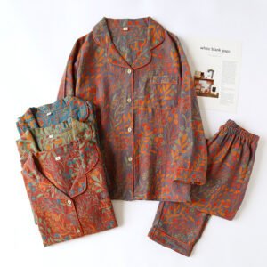 Cotton Yarn-Dyed Jacquard Vintage Leaf Pajamas Suit for Women | Stylish & Comfortable Sleepwear