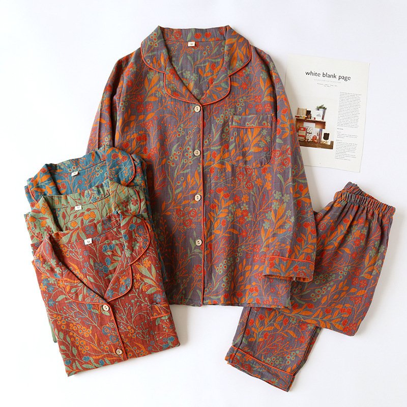 Cotton Yarn-Dyed Jacquard Vintage Leaf Pajamas Suit for Women | Stylish & Comfortable Sleepwear