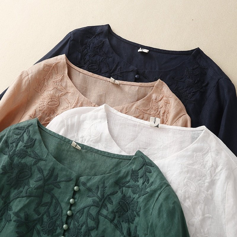 Embroidered Loose Women's Cotton Linen Shirt | Stylish and Comfortable