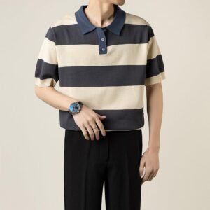 Knitted Polo Shirt – Casual Striped Short Sleeve for Men