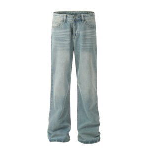 Light Blue Washed Worn Jeans – Loose Straight Wide-Leg Style for Men