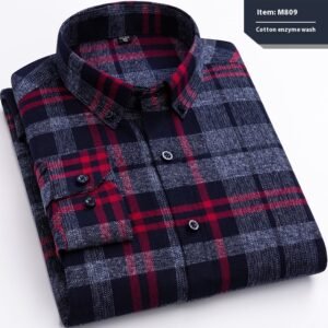 Cotton Long-Sleeved Plaid Shirt for Men - Slim Fit Business Casual