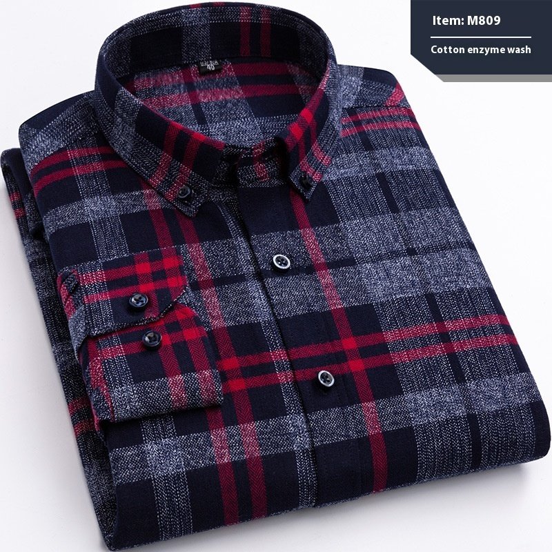 Cotton Long-Sleeved Plaid Shirt for Men - Slim Fit Business Casual