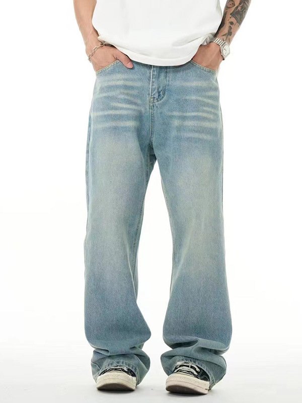 Light Blue Washed Worn Jeans – Loose Straight Wide-Leg Style for Men