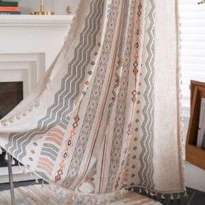 Boho Cream Cotton & Linen Print Sun Shade Curtain Fabric – Non-Punched for Home Decor