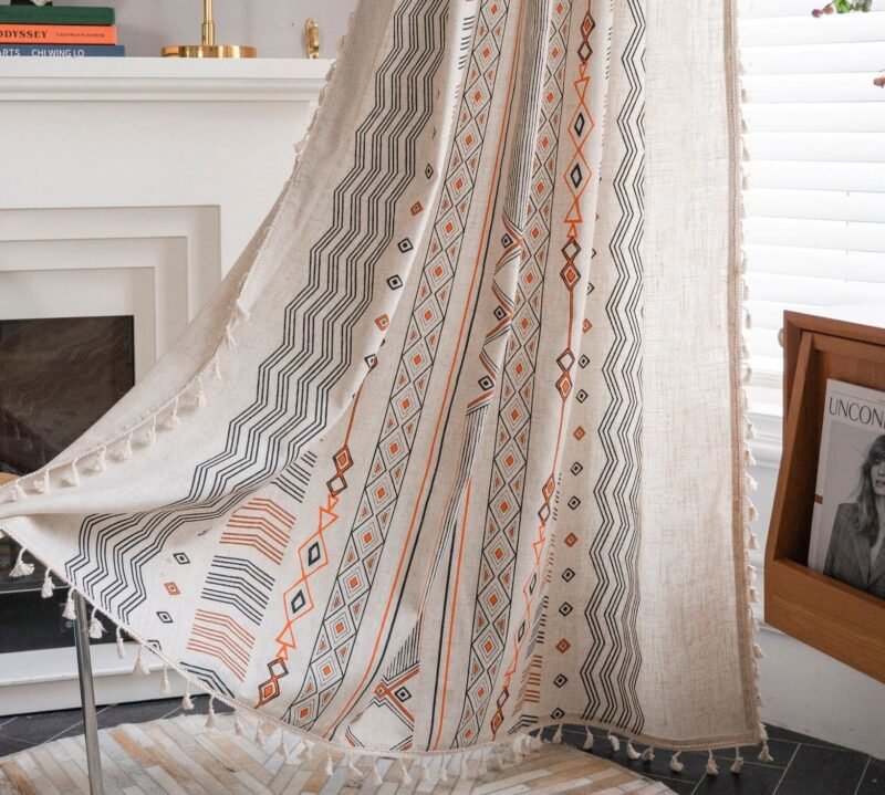 Boho Cream Cotton & Linen Print Sun Shade Curtain Fabric – Non-Punched for Home Decor