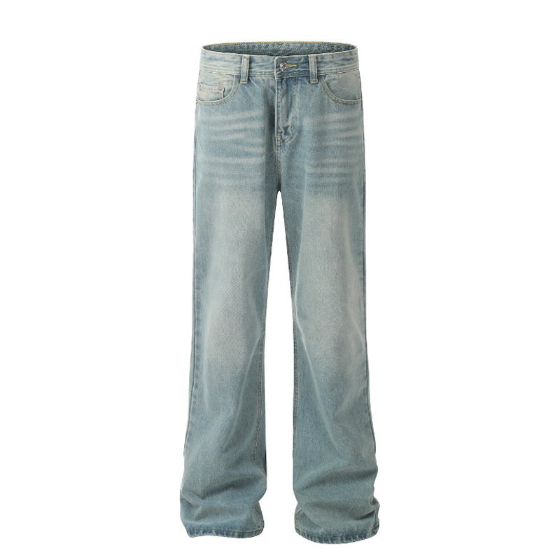 Light Blue Washed Worn Jeans – Loose Straight Wide-Leg Style for Men