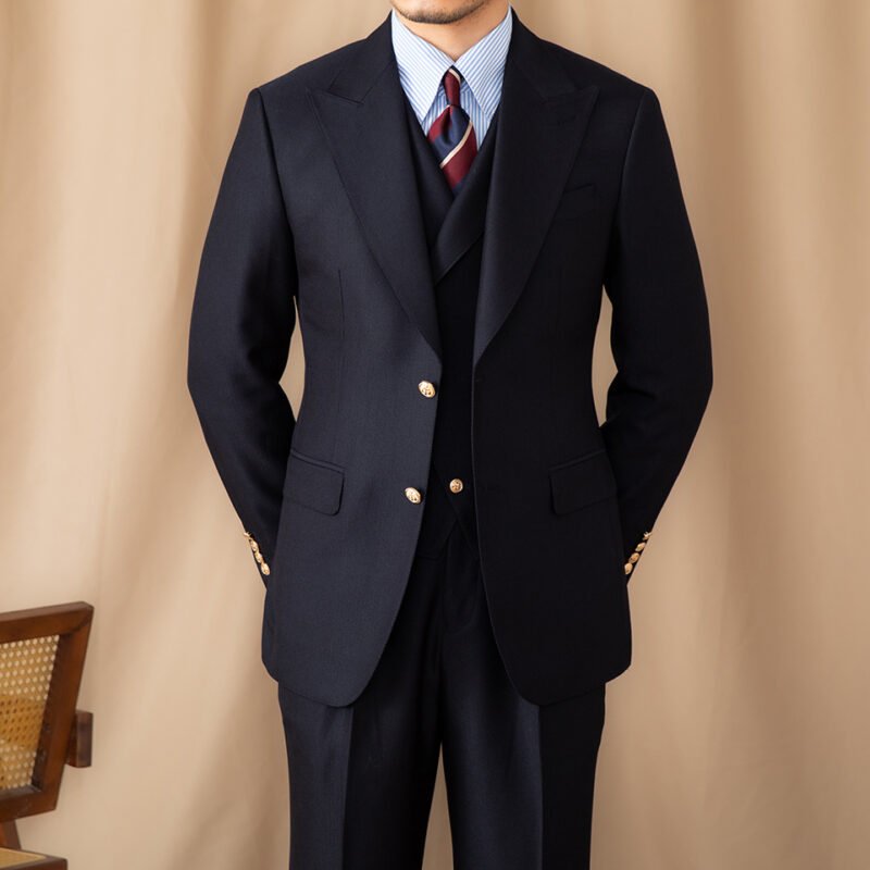 Men's Casual Gentleman Lapel Navy Blue Slim Three-Piece Suit – Stylish & Elegant