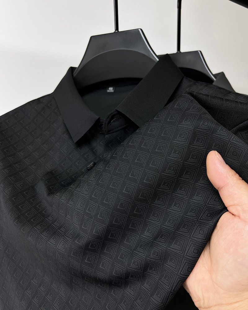 High-End Elegant Ice Silk Short Sleeve T-Shirt – Men's Lapel Summer Plaid Polo Shirt