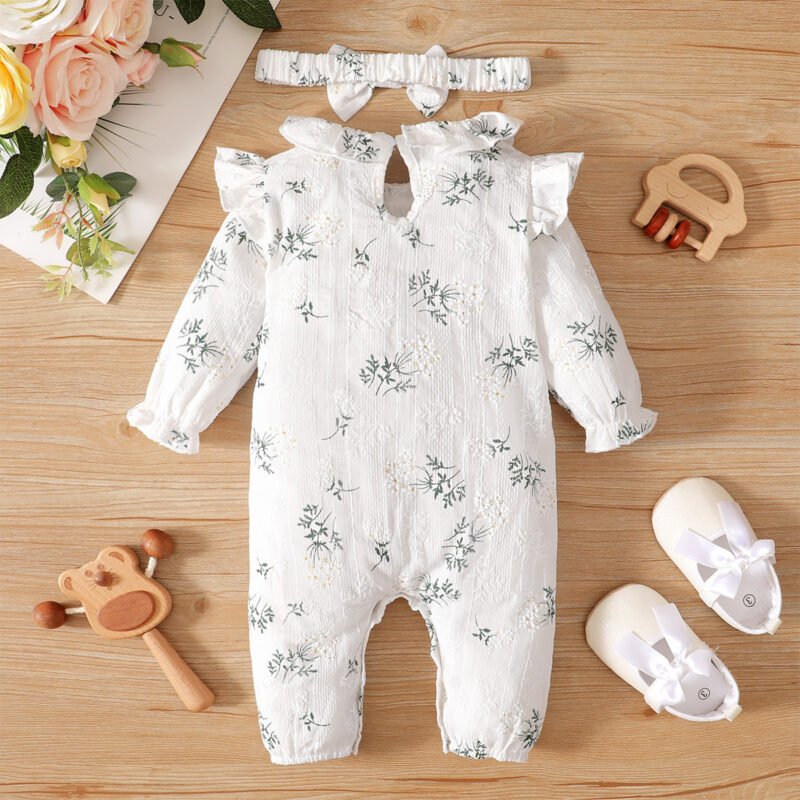 Girls Floral Lotus Collar Long-Sleeved Jumpsuit with Headscarf – Cute Baby Girl Outfit