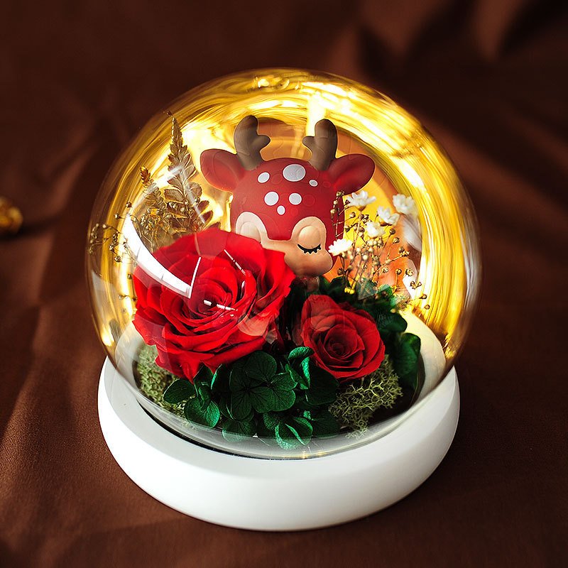 Preserved Flower Deer Doll in Glass Cover Gift Box – Unique & Elegant Gift Idea