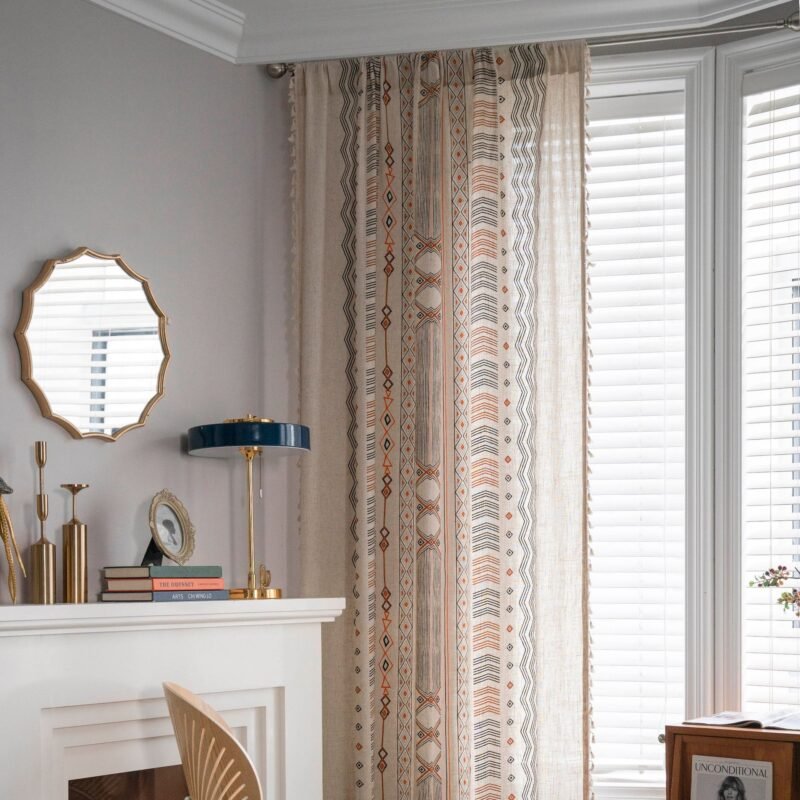 Boho Cream Cotton & Linen Print Sun Shade Curtain Fabric – Non-Punched for Home Decor