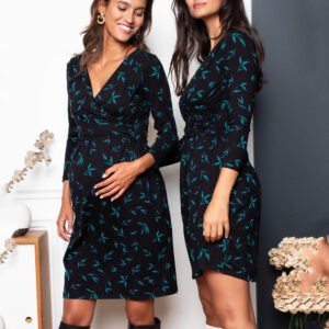 Maternity Clothes – Multi-Color Printed Deep V-Neck Cross Lactation Dress with Seven-Point Sleeves