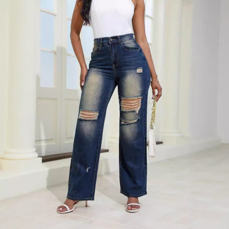 Fashion High Waist Ripped Jeans with Pockets | Comfortable Slim Fit & Straight Wide-Leg Pants for Women