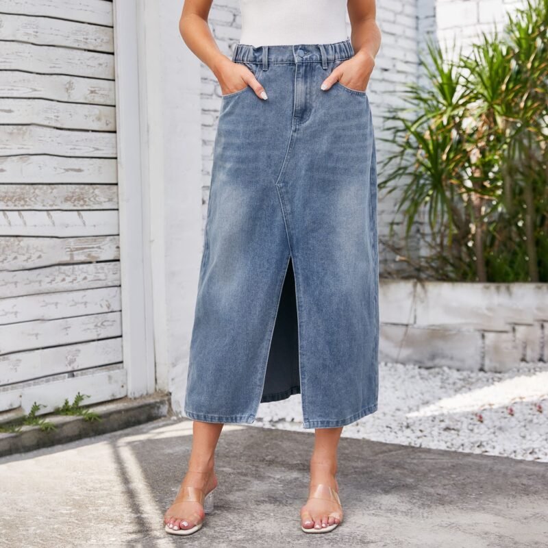 Elastic Waist Split Denim Midi Dress - Trendy and Comfortable