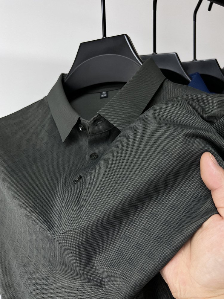 High-End Elegant Ice Silk Short Sleeve T-Shirt – Men's Lapel Summer Plaid Polo Shirt