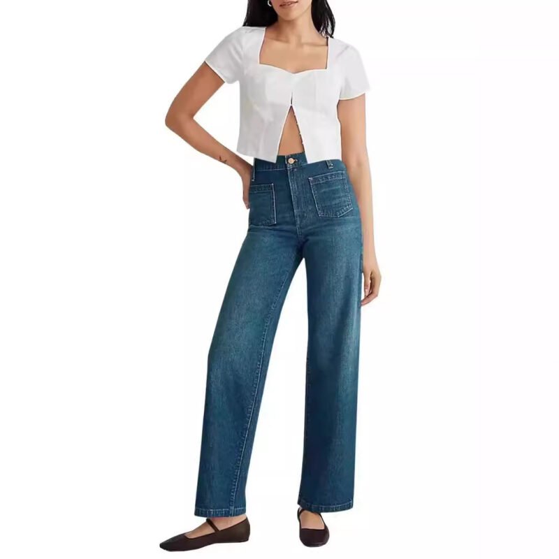 Women's Wide-Leg Jeans – Square Pocket Denim Trousers for a Stylish Look