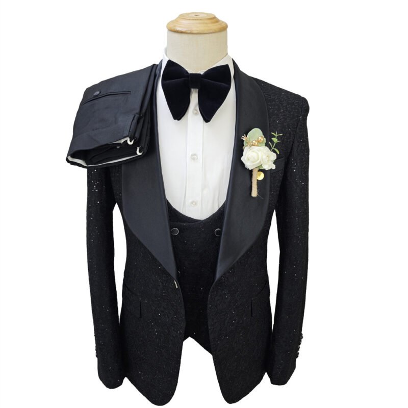 Shiny Black Men's Suit Set - 3-Piece Groomsmen Wedding Suit