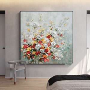 Frameless White Flower Wall Art – Elegant Oil Painting for Home Decor