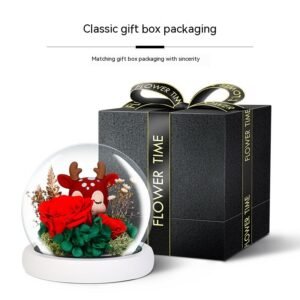 Preserved Flower Deer Doll in Glass Cover Gift Box – Unique & Elegant Gift Idea