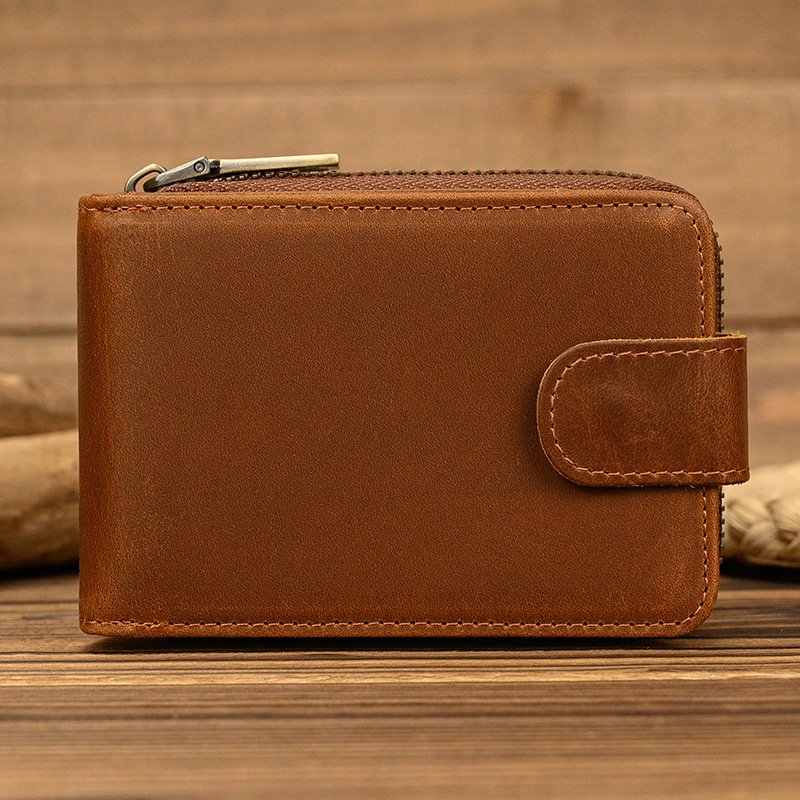 Men's Short Crazy Horse Leather Zipper Wallet - Durable & Stylish