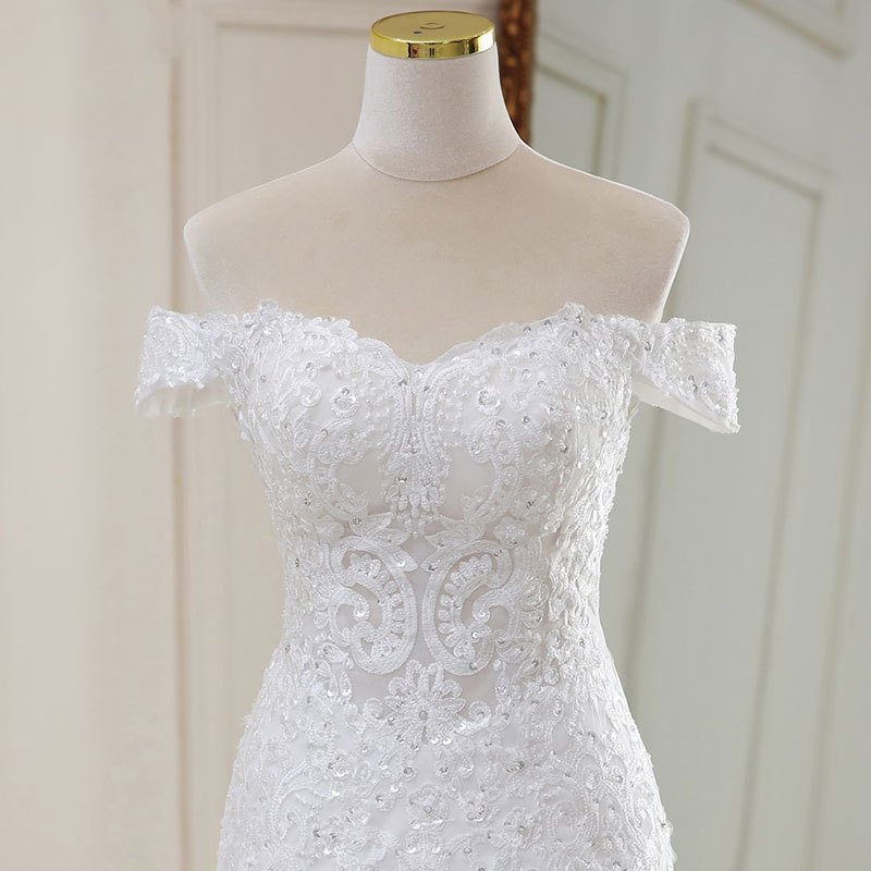 High Waist White Lace Wedding Dress – Dreamy V-neck Long Tail Bridal Gown