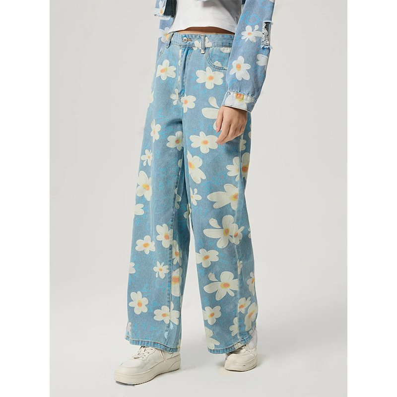 Vintage Flower Print Straight Jeans – Trendy & Stylish Floral Denim
