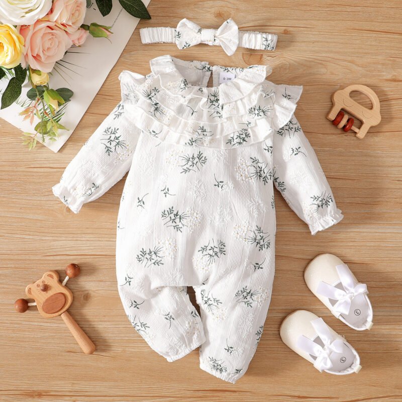 Girls Floral Lotus Collar Long-Sleeved Jumpsuit with Headscarf – Cute Baby Girl Outfit