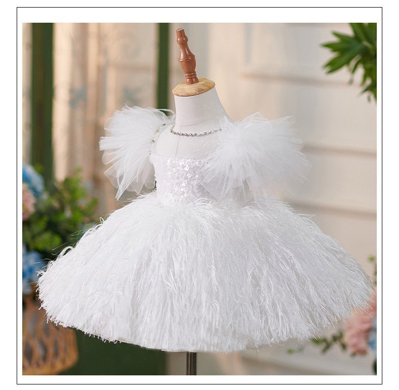 Girls Sequins White Flying Sleeves Feather Dress - Elegant & Sparkly Party Dress