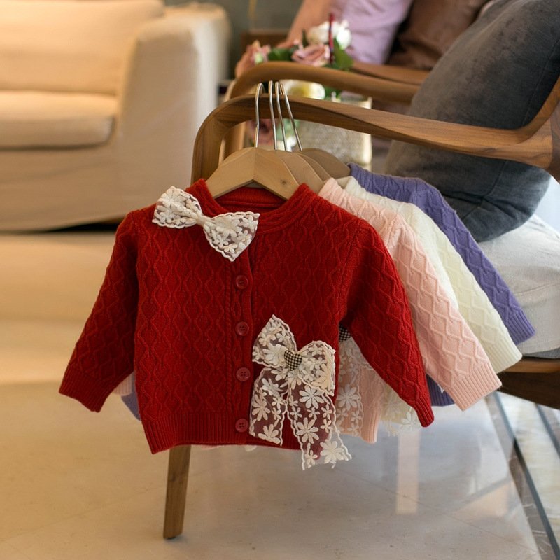 Lace Bow Girls Crew Neck Cardigan - Elegant & Stylish Sweater for Little Ones
