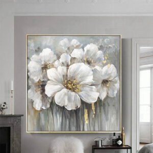 Frameless White Flower Wall Art – Elegant Oil Painting for Home Decor