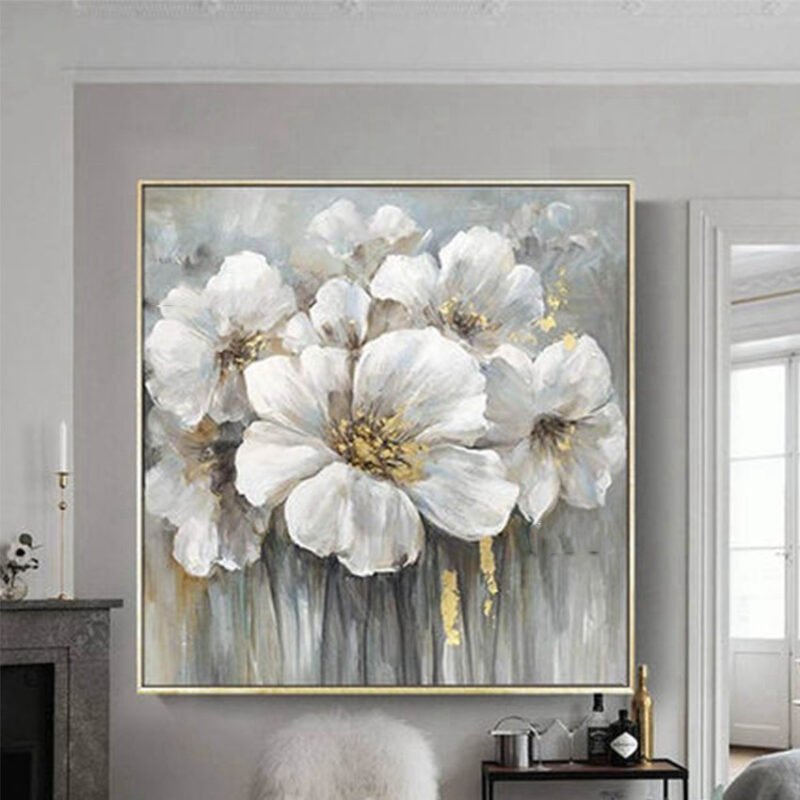 Frameless White Flower Wall Art – Elegant Oil Painting for Home Decor