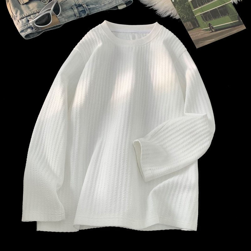 Autumn and Winter White Textured Long Sleeve T-shirt – Loose Fit & Cozy