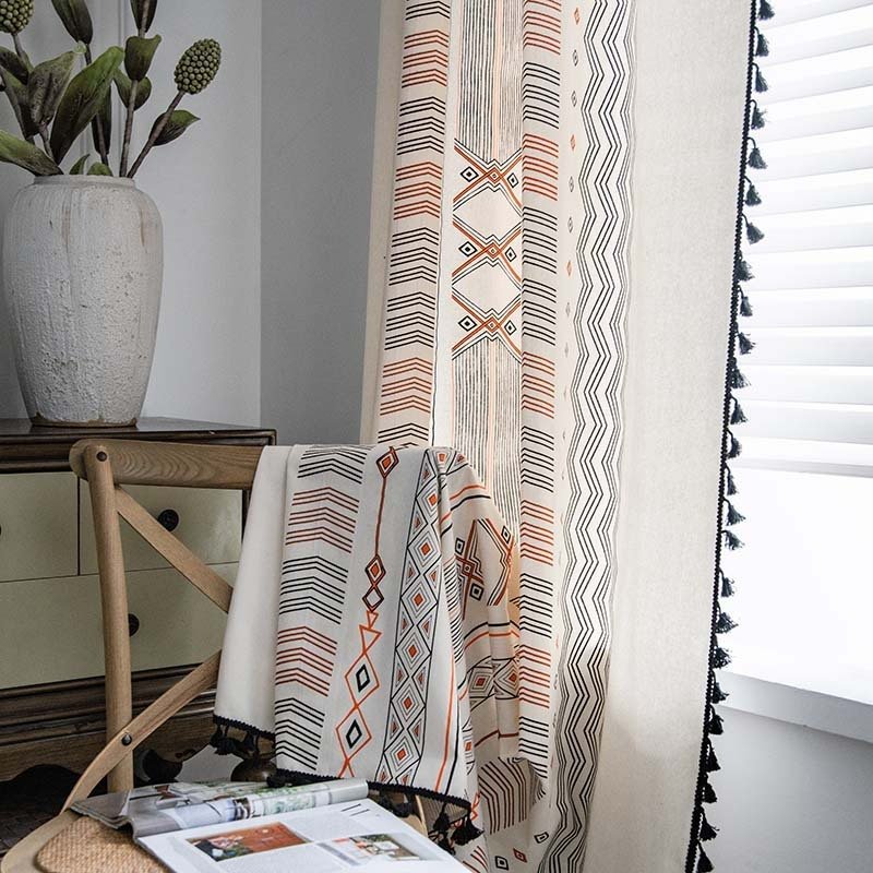 Boho Cream Cotton & Linen Print Sun Shade Curtain Fabric – Non-Punched for Home Decor
