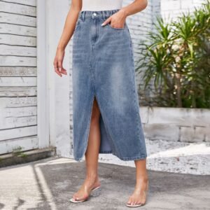 Elastic Waist Split Denim Midi Dress - Trendy and Comfortable